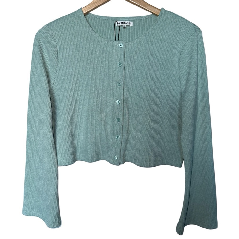 REFORMATION Niko Ribbed Cropped Cardigan Cute Knit Top in Pistachio Green XL - Picture 4 of 7